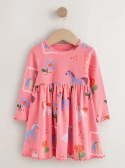Roze met eenhoornprint - Geribbelde jurk met lange mouwen (3mnd-7jr)