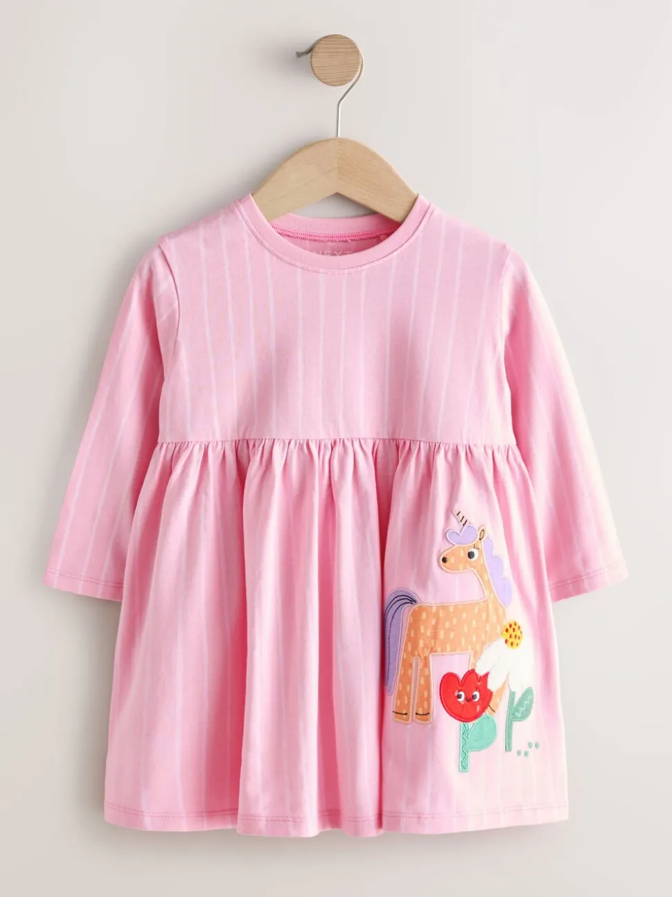 Roze met eenhoornprint - Jurk met lange mouwen en versiering (3mnd -7jr)