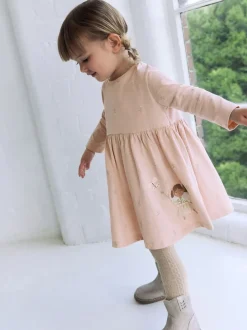 Roze met elfjes - Jurk met lange mouwen en versiering (3mnd -7jr)