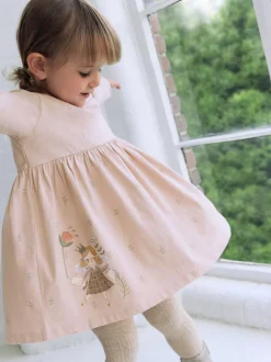 Roze met elfjes - Jurk met lange mouwen en versiering (3mnd -7jr)