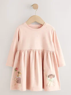 Roze met elfjes - Jurk met lange mouwen en versiering (3mnd -7jr)