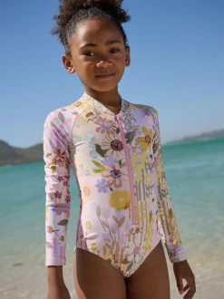 Roze met gebloemde lapjesprint - Long Sleeve Sunsafe Swimsuit (3mths-16yrs)