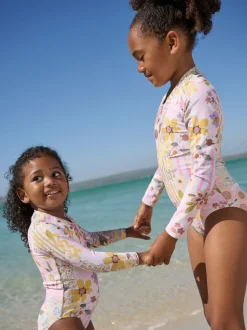 Roze met gebloemde lapjesprint - Long Sleeve Sunsafe Swimsuit (3mths-16yrs)