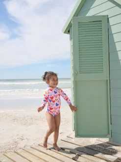Roze met hartjesprint - Long Sleeve Sunsafe Swim Set (3mths-7yrs)