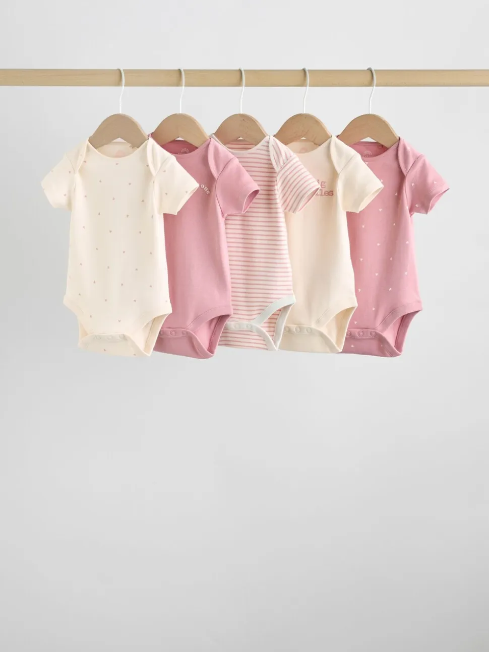 Roze met hartjesprint - Set van 5 babyrompertjes met korte mouwen