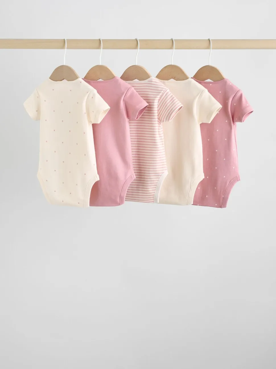 Roze met hartjesprint - Set van 5 babyrompertjes met korte mouwen