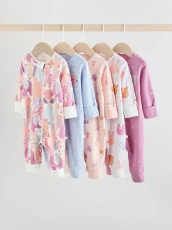 Roze met karakteristieke dierenprint - Verpakking van 5 babyslaappakjes met tweewegrits (0 mnd - 3 jr)