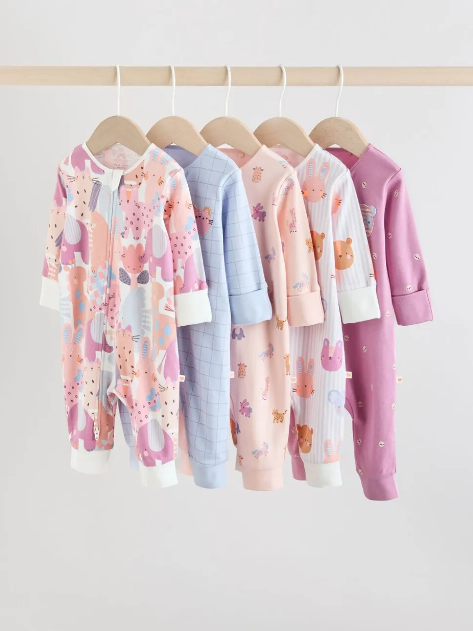 Roze met karakteristieke dierenprint - Verpakking van 5 babyslaappakjes met tweewegrits (0 mnd - 3 jr)