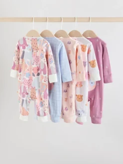 Roze met karakteristieke dierenprint - Verpakking van 5 babyslaappakjes met tweewegrits (0 mnd - 3 jr)