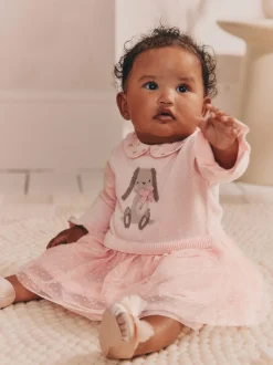 Roze met konijnen - Gebreide tweedelige babyjurk (0mnd-2jr)