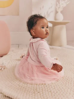Roze met konijnen - Gebreide tweedelige babyjurk (0mnd-2jr)