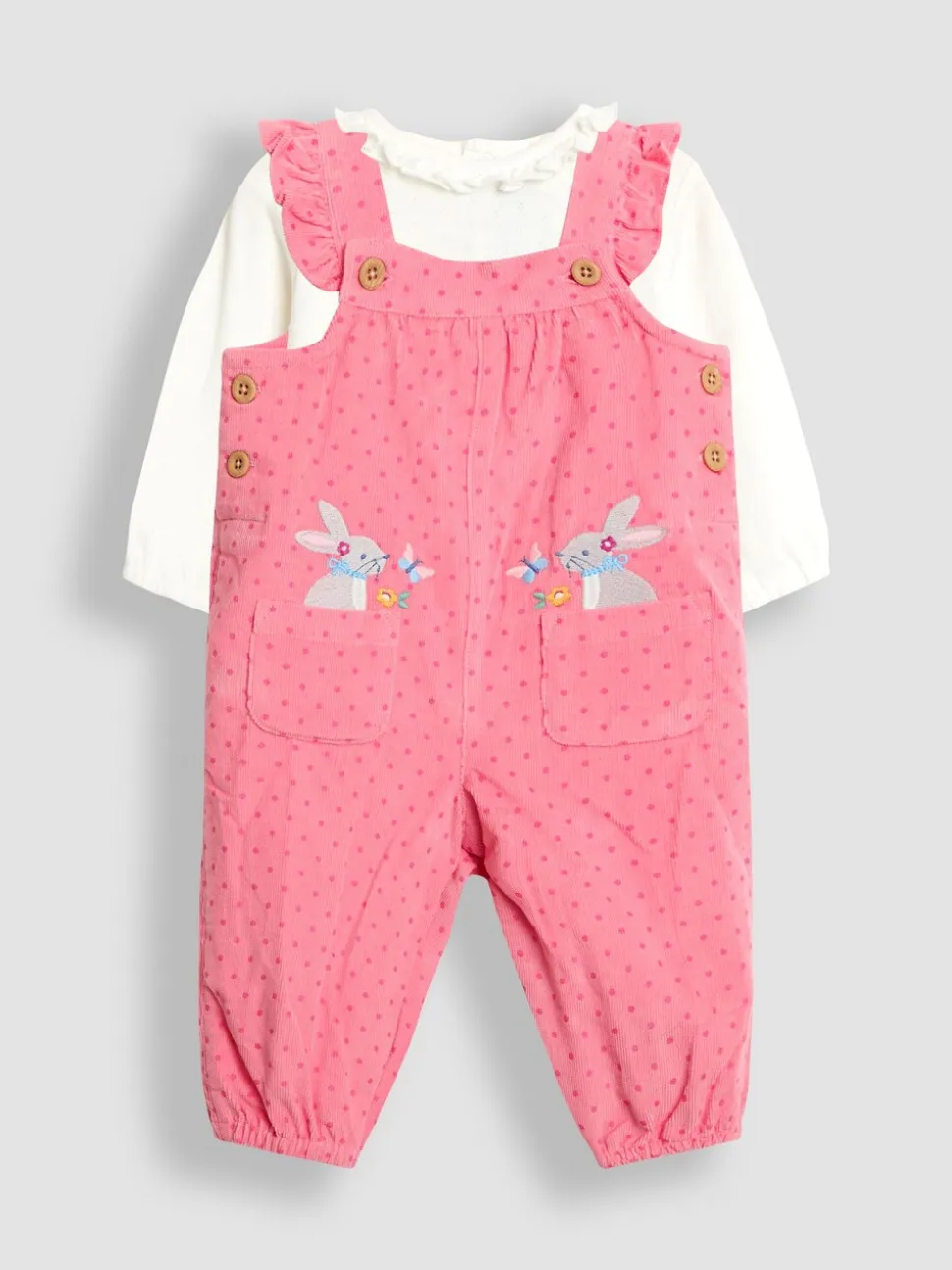 Roze met konijnen - JoJo Maman Bébé - Set van corduroy tuinbroek met applicatie en top
