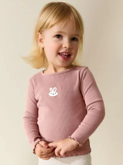 Roze met konijnen - Long sleeve Embroidered Ribbed Top (3mths-7yrs)