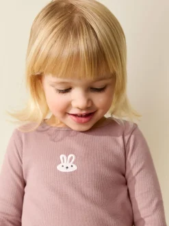Roze met konijnen - Long sleeve Embroidered Ribbed Top (3mths-7yrs)