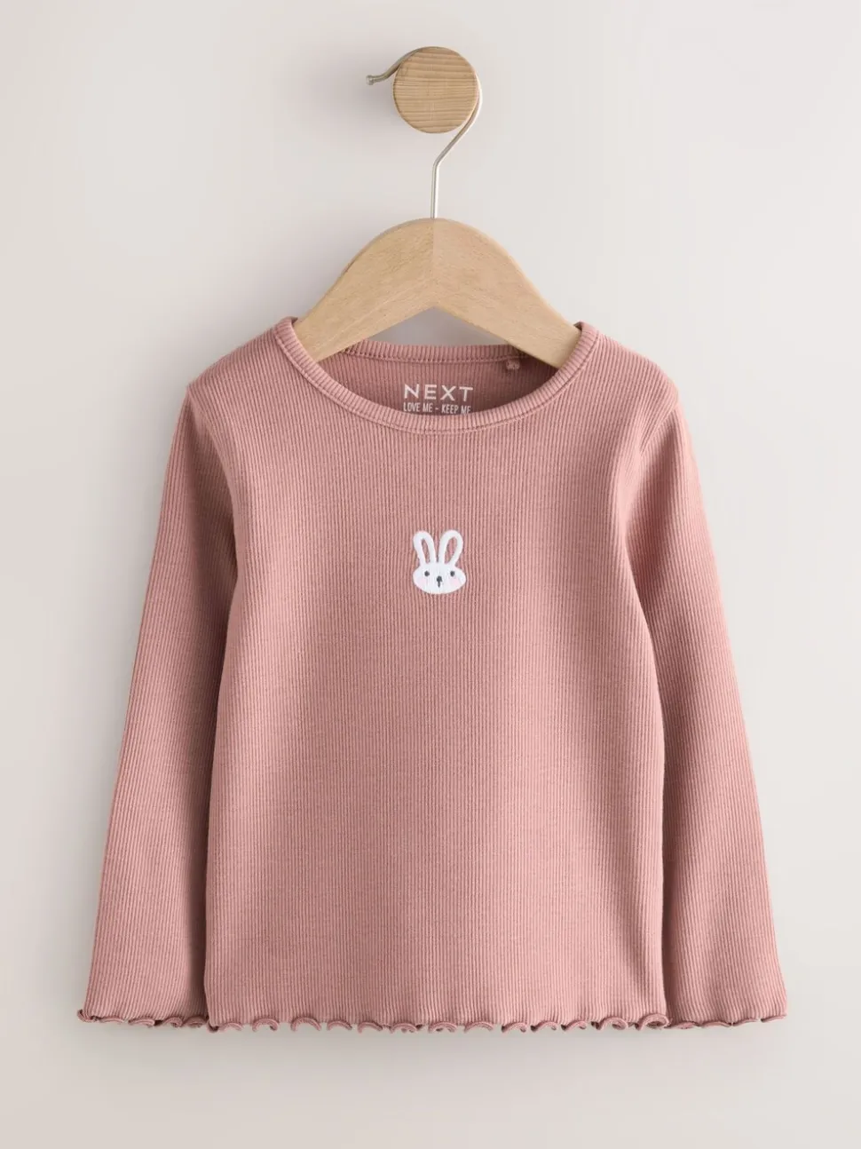 Roze met konijnen - Long sleeve Embroidered Ribbed Top (3mths-7yrs)