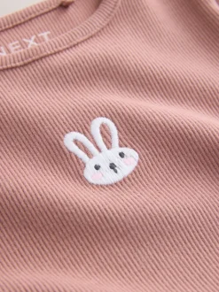 Roze met konijnen - Long sleeve Embroidered Ribbed Top (3mths-7yrs)