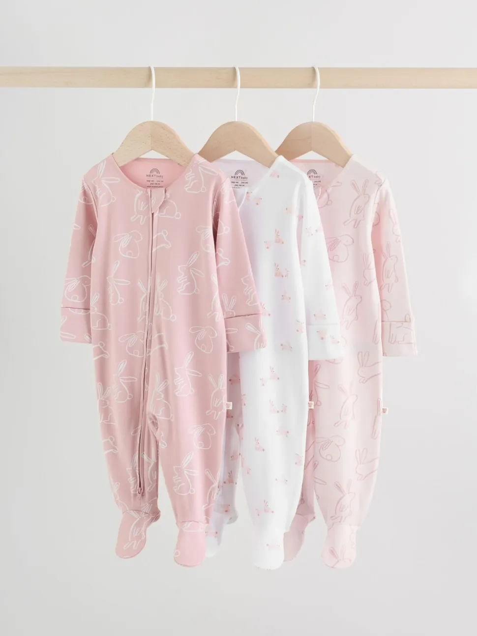 Roze met konijnen - Verpakking van 3 babyslaappakjes met tweewegrits (0 mnd - 2 jr)