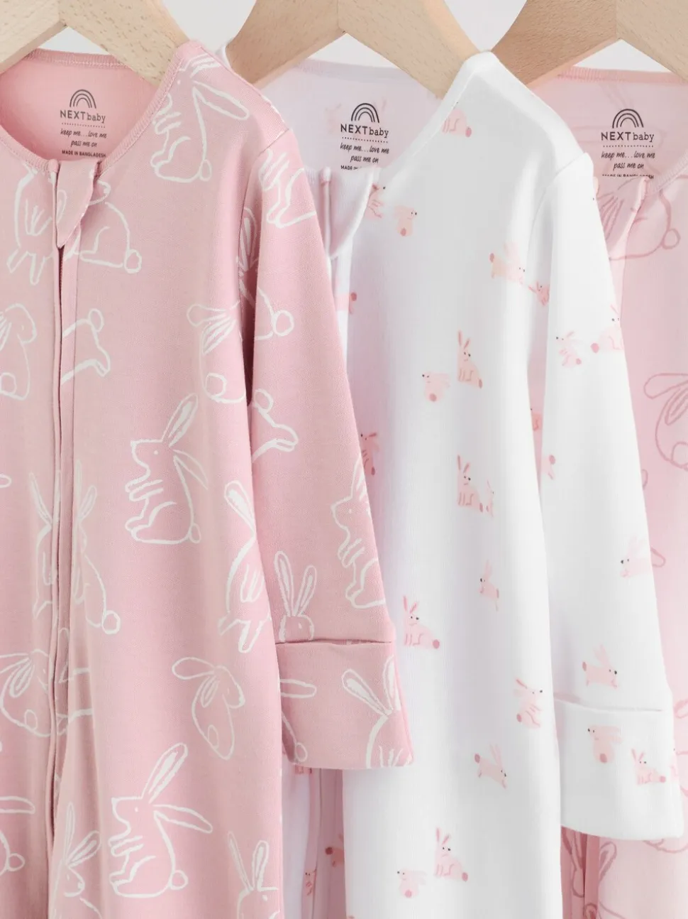 Roze met konijnen - Verpakking van 3 babyslaappakjes met tweewegrits (0 mnd - 2 jr)