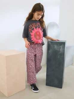 Roze met luipaardprint - Jeans met wijde pijpen (3-16 jr)