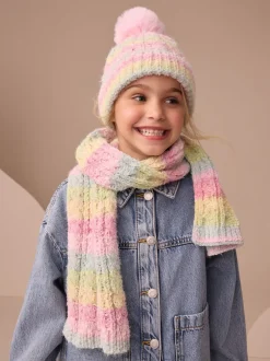 Roze met regenboogprint - Set van beanie en snood (1-13jr)
