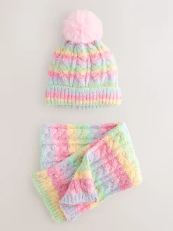Roze met regenboogprint - Set van beanie en snood (1-13jr)