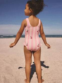 Roze met streep- en kersenprint - Badpak met ruches op de pijpen (3mnd -7jr)
