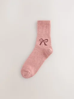 Roze met strikjes - Thermische enkelsokken van wol-zijdemix verpakking van 3