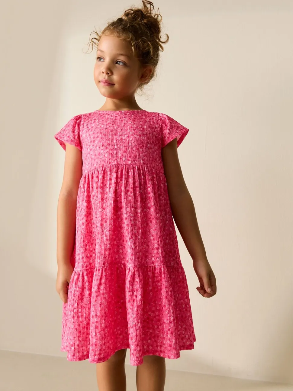 Roze met vrolijke print - Angel Sleeve Crinkle Dress (3-16yrs)