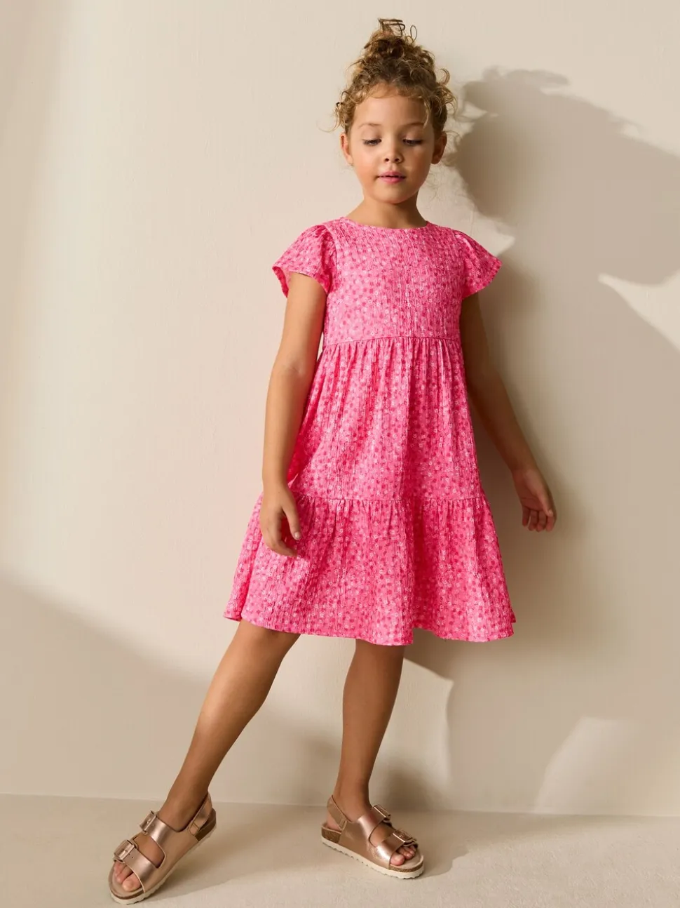 Roze met vrolijke print - Angel Sleeve Crinkle Dress (3-16yrs)