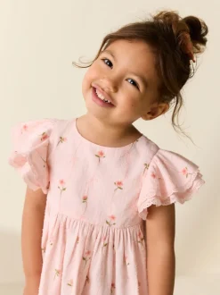 Roze print - Jurk met engelmouwen (3 mnd-8 jr)