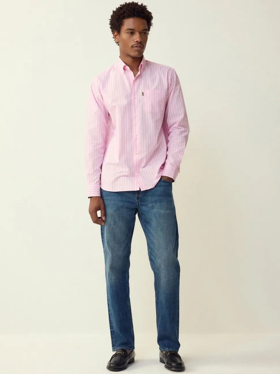 Roze streep - Strijkvrij Oxford overhemd met knopen