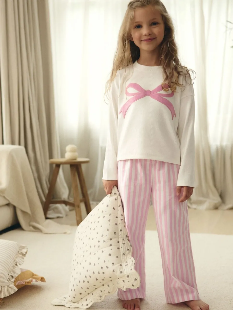 Roze strik met strepen - Geweven pyjama (9mnd-16jr)