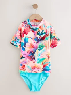 Roze tropisch - Short Sleeve Sunsafe Rash Vest And Pant Swim Set (3-16yrs)