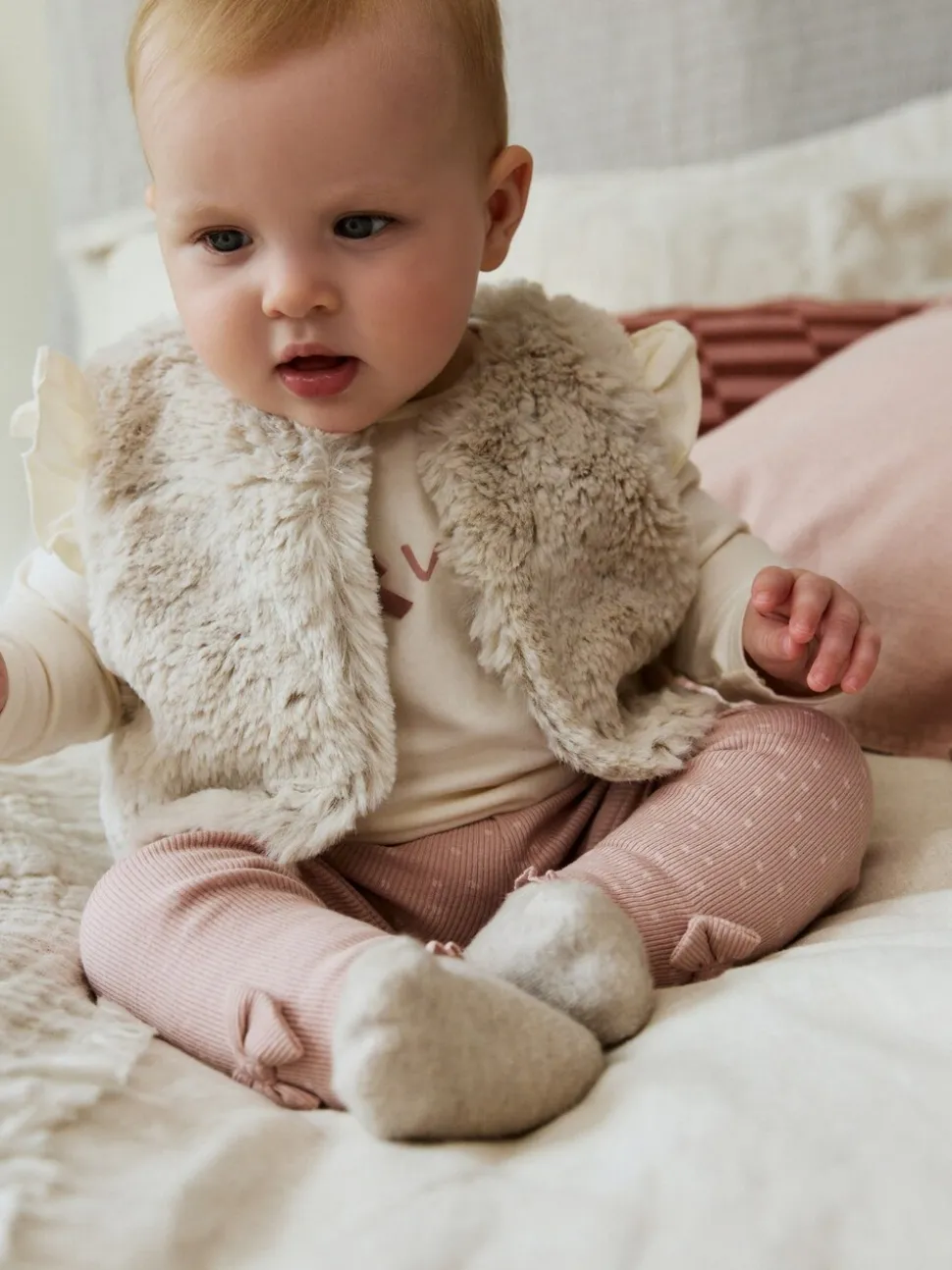Roze/crème - 3 -delige babyset met bontgilet, top en leggings (0mnd -2jr)