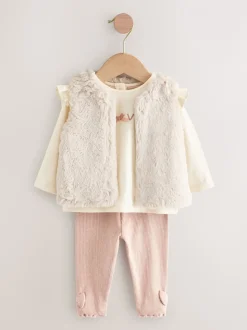 Roze/crème - 3 -delige babyset met bontgilet, top en leggings (0mnd -2jr)