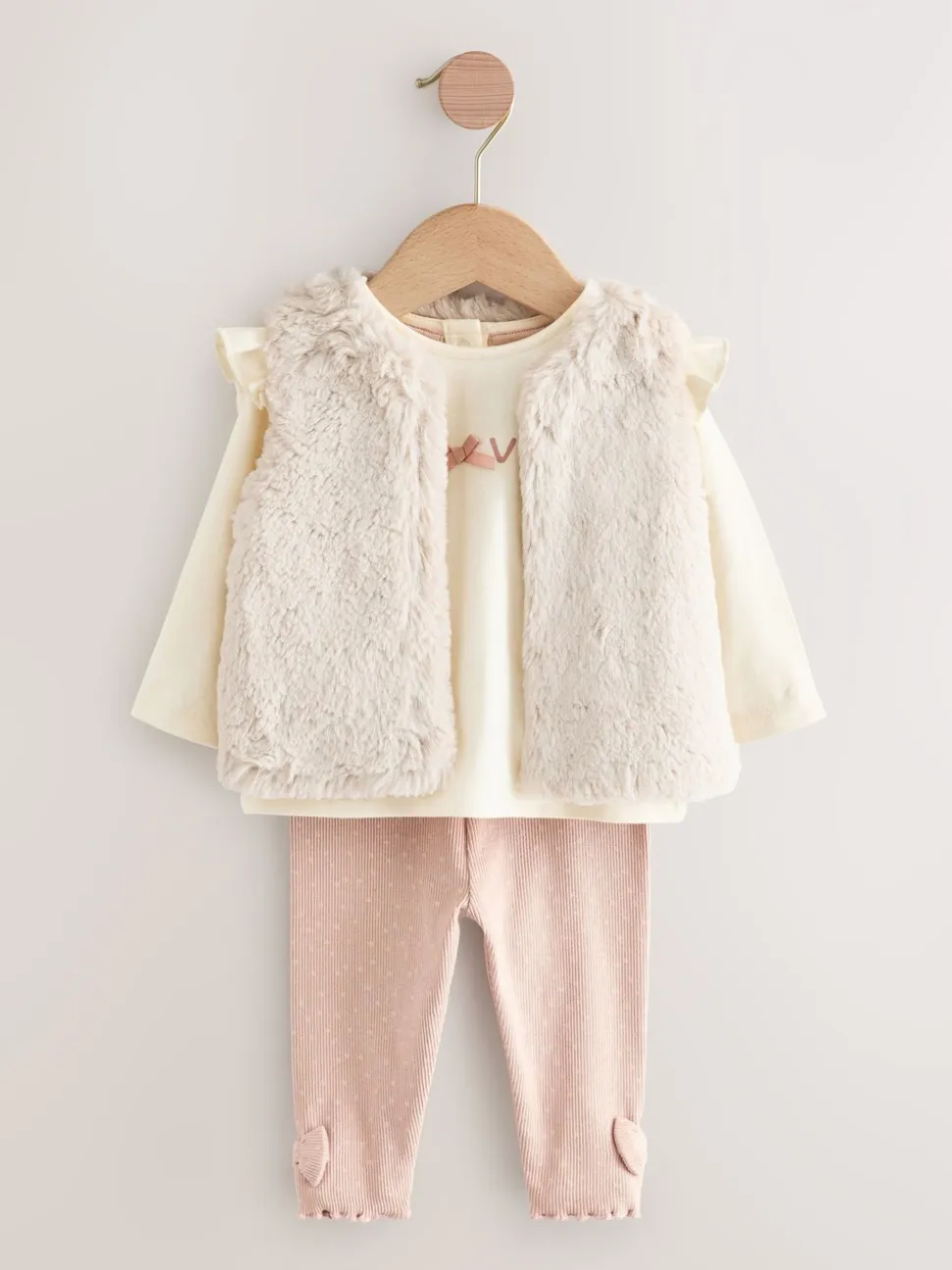 Roze/crème - 3 -delige babyset met bontgilet, top en leggings (0mnd -2jr)