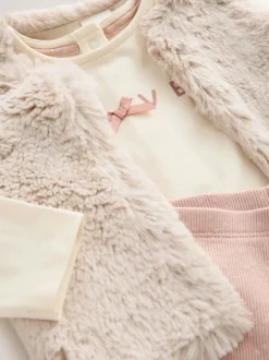 Roze/crème - 3 -delige babyset met bontgilet, top en leggings (0mnd -2jr)