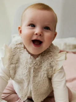 Roze/crème - 3 -delige babyset met bontgilet, top en leggings (0mnd -2jr)