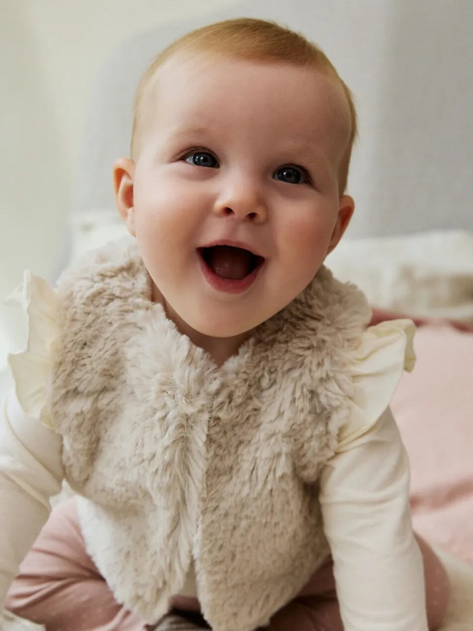 Roze/crème - 3 -delige babyset met bontgilet, top en leggings (0mnd -2jr)