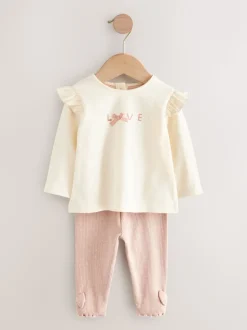 Roze/crème - 3 -delige babyset met bontgilet, top en leggings (0mnd -2jr)