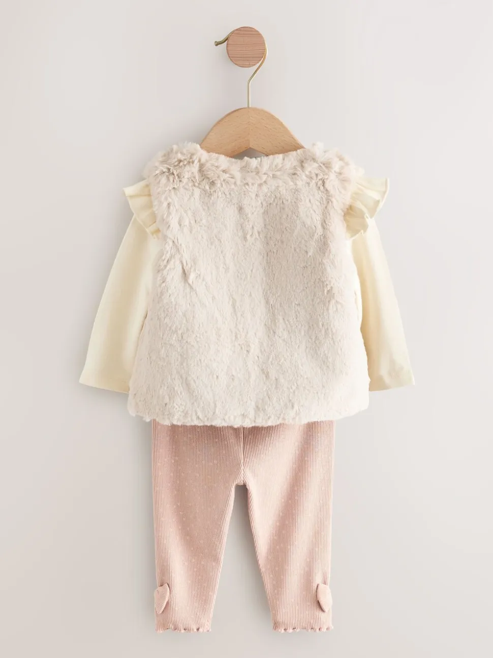 Roze/crème - 3 -delige babyset met bontgilet, top en leggings (0mnd -2jr)