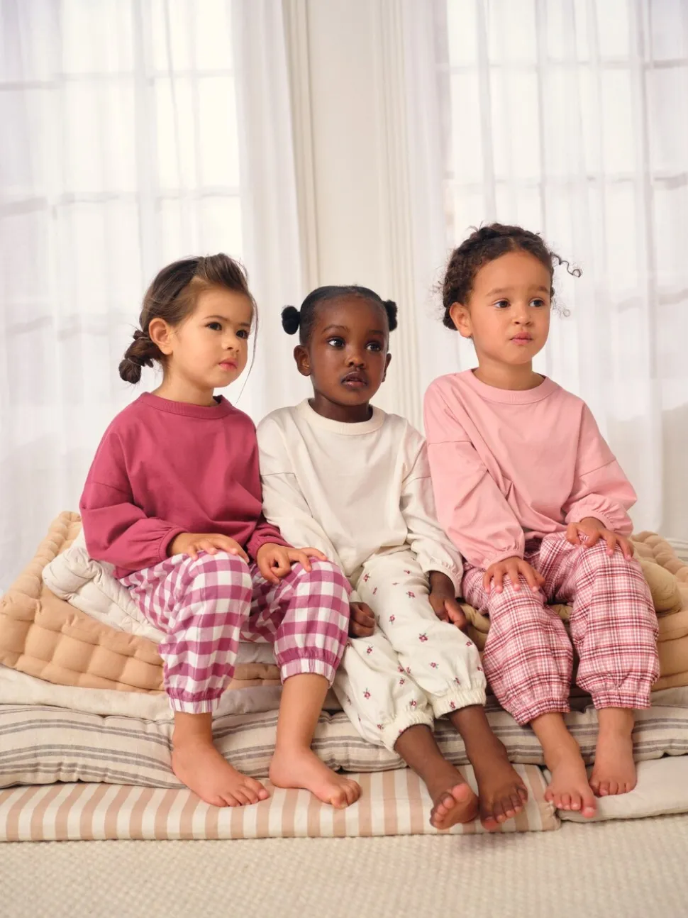 Roze/crème geruit - Verpakking van 3 pyjama's met geweven broek (9 mnd - 10 jr)