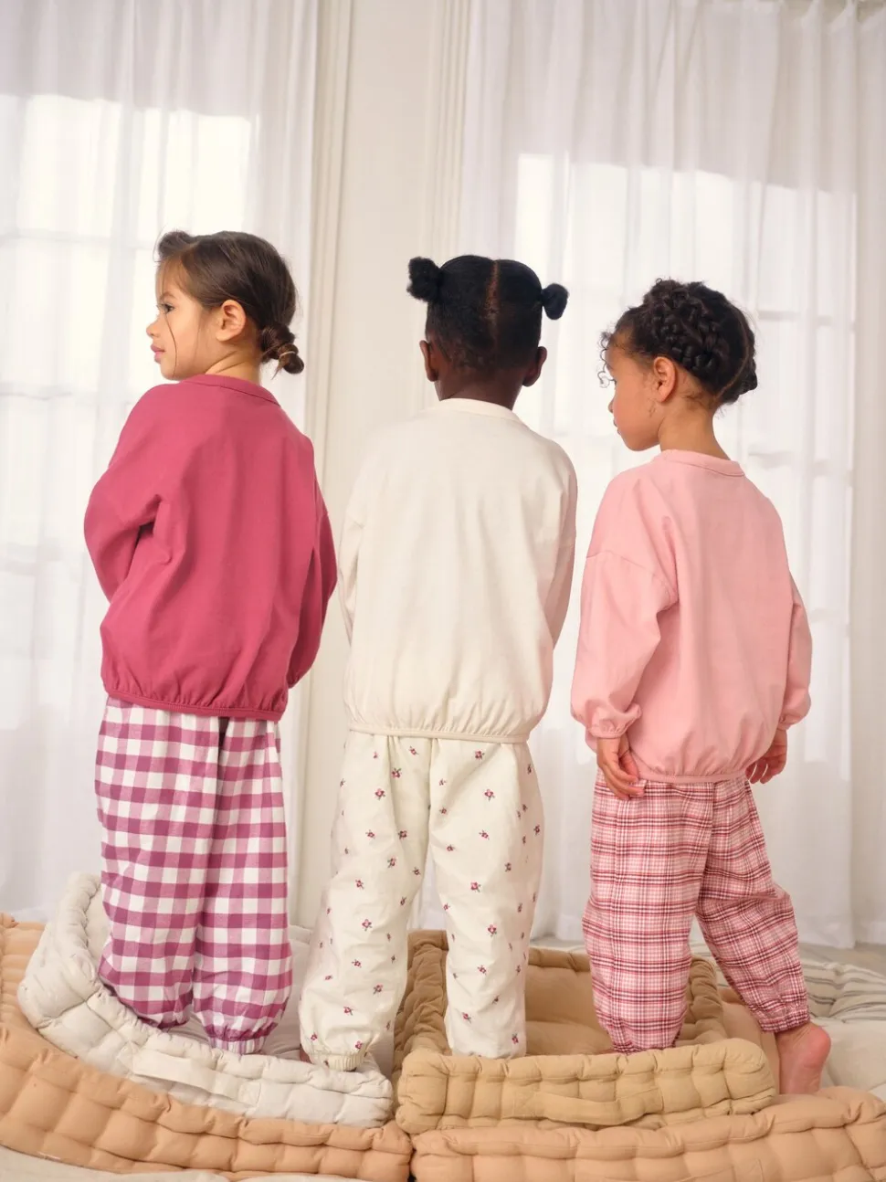 Roze/crème geruit - Verpakking van 3 pyjama's met geweven broek (9 mnd - 10 jr)
