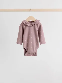 Roze/crème/bruin met fijne bloemetjesprint - Verpakking van 4 babyrompers met lange mouwen en ruches (0mnd-2jr)