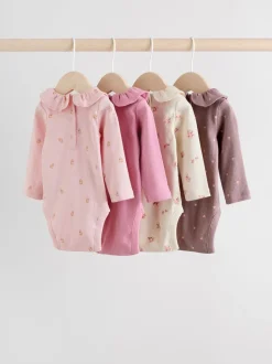 Roze/crème/bruin met fijne bloemetjesprint - Verpakking van 4 babyrompers met lange mouwen en ruches (0mnd-2jr)