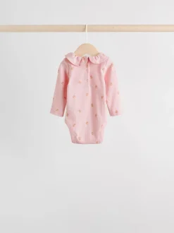 Roze/crème/bruin met fijne bloemetjesprint - Verpakking van 4 babyrompers met lange mouwen en ruches (0mnd-2jr)