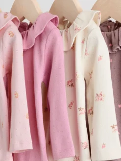 Roze/crème/bruin met fijne bloemetjesprint - Verpakking van 4 babyrompers met lange mouwen en ruches (0mnd-2jr)