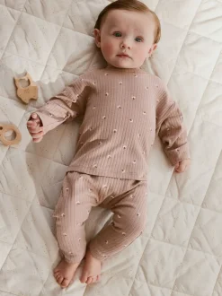 Roze/crème/bruine print - 6 -delige set van top met lange mouwen en leggings (0mnd -3jr)