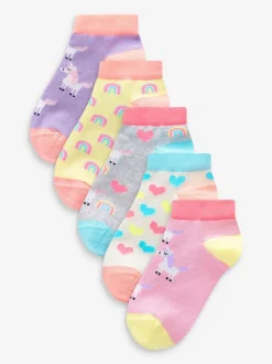 Roze/grijs/paars - Verpakking van 5 sneakersokken met eenhoornprint en hoog katoengehalte