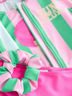 Roze/groene strepen - Sunsafe Rash Vest Bikini And Scrunchie Swim Set (3-16yrs)